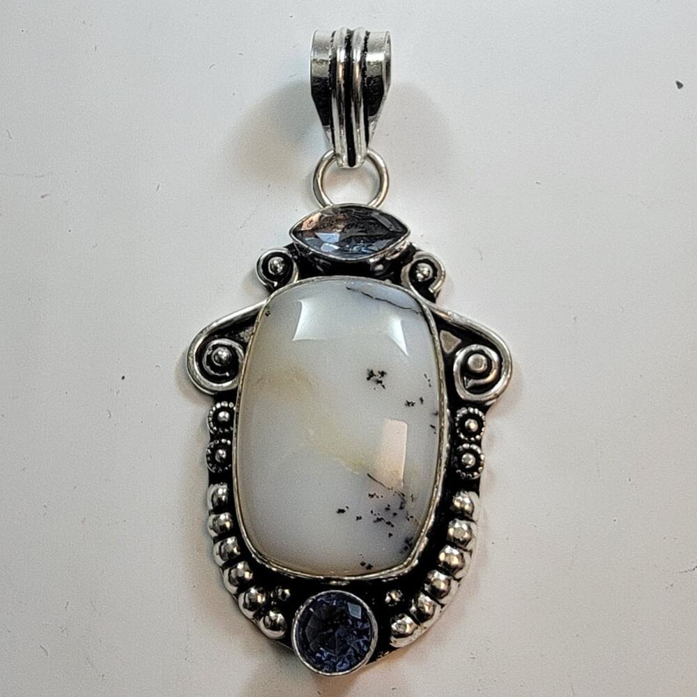 Necklace Pendants Dendritic Opal with Iolite in Sterling Silver Artisan Setting